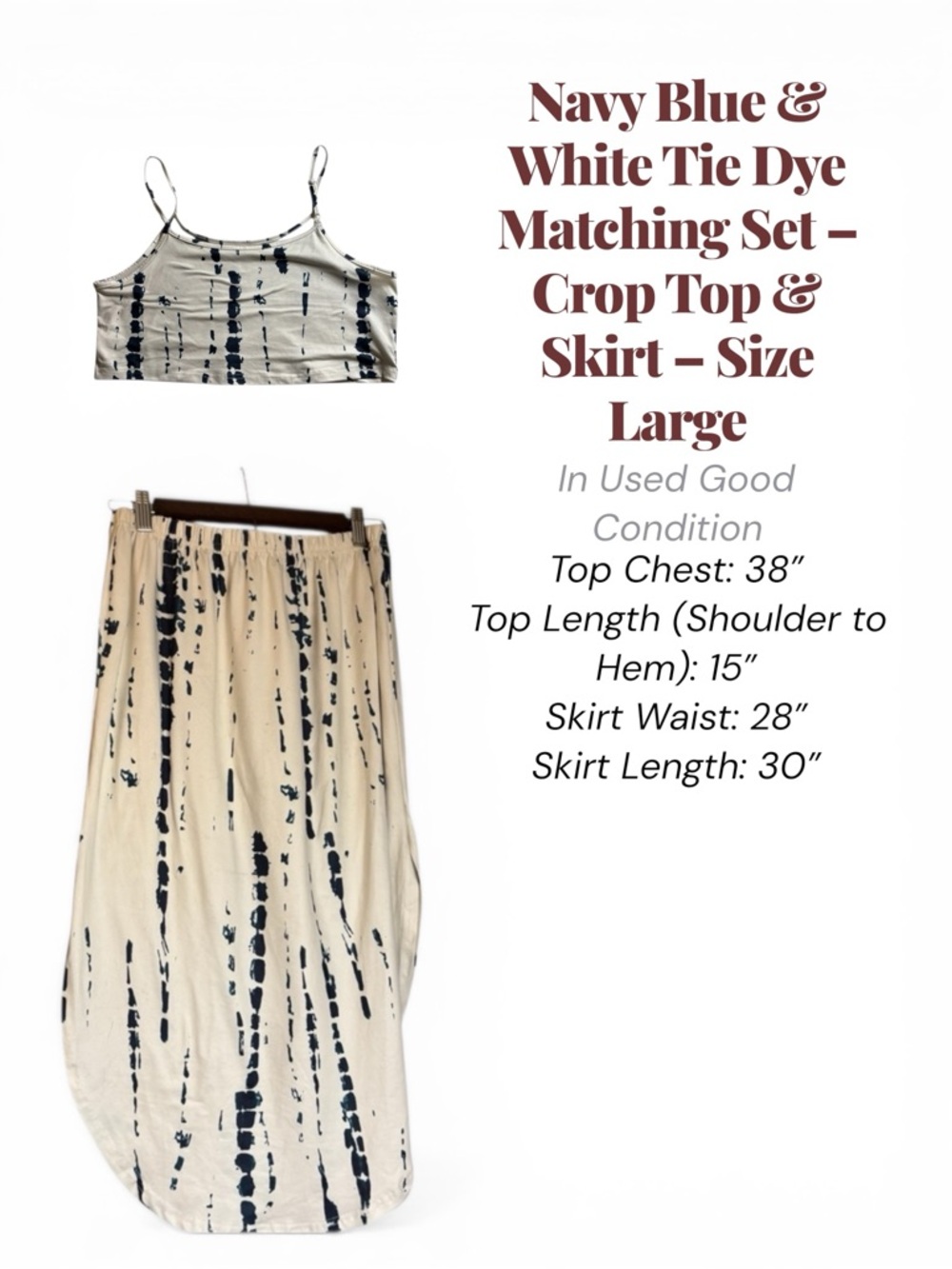 Navy Blue & White Tie Dye Matching Set – Crop Top & Skirt – Size Large